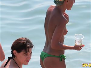 unexperienced hidden cam luxurious cougars - Spy Beach hefty jugs sans bra